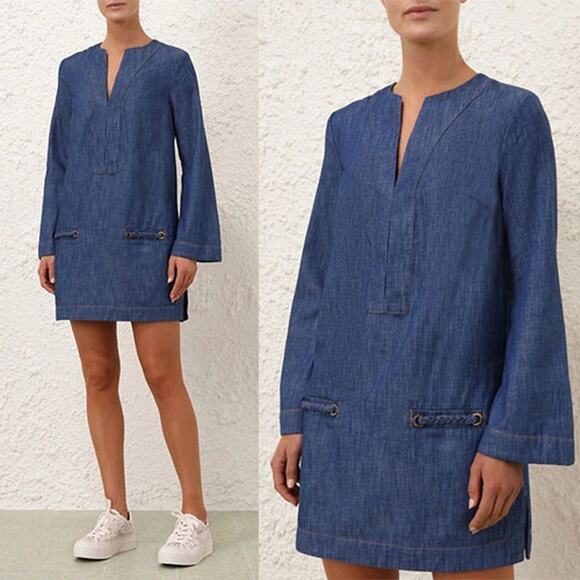 NEW Zimmermann Wylie Railway Denim Pocket Wide Sleeve Mini Dress Blue Size: 8